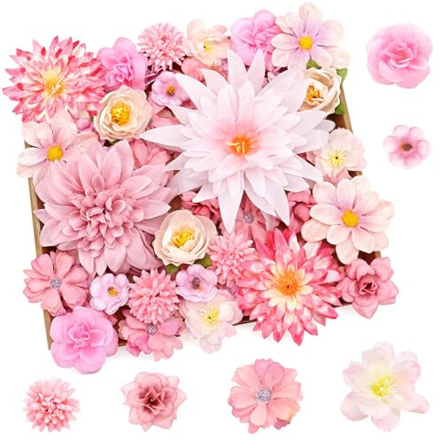 YSUVIN 50 Stück Kunstblumen zum Basteln, Rosa Künstlich Blütenköpfe, 11 Arten von Kunstblumen zum Basteln, Tortendeko Blumen, Blumen Deko für DIY Handwerk Hochzeit Party Home