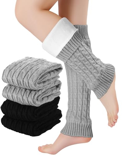 Shihanee 2 Pairs Women's Fleece Lined Leg Warmers Winter Extra Elastic Thicken Thermal Knit Long Boot Socks for Cold Weather(Black and Light Gray,Cable Knit)