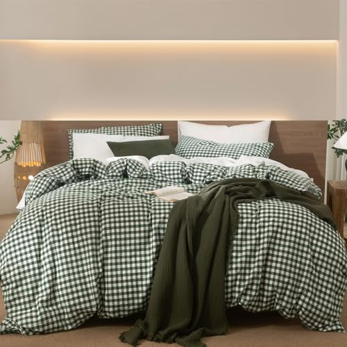 Lanqinglv Bettwäsche 155x220 Baumwolle Kariert Grün Weiß,Renforce Baumwolle Bettwäsche Set mit Reißverschluss,ÖKO-TEX Bettwäsche Gitter für Allergiker Geeignet,1 Bettbezug & 1 Kissenbezug 80x80 cm
