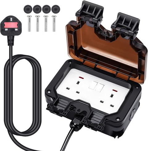 Double Outdoor Socket with 3m Extension Lead, Outdoor Plug Sockets IP66 Waterproof Wall Garden 13 Amp 2 Gang Storm Switched Socket Outside Power Plug Sockets Electrical Outlet Cover Box (Black)