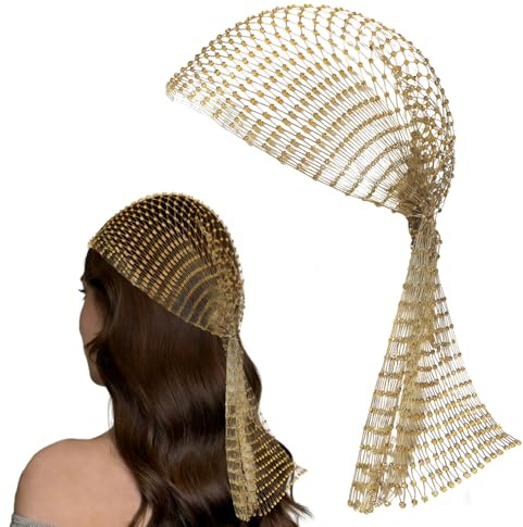TIHNY Gold Chainmail Headband for Women - 90cm Rhinestone Mesh Hair Accessory | Elastic Fishnet Headpiece with Hollow Design | Gypsy Scarf, Nightclub Turban Cap