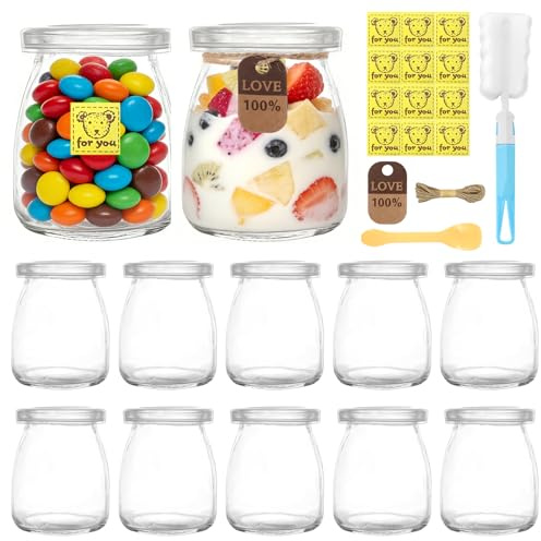 Wittsyer Set di 12 bicchieri da dessert da 200 ml con coperchi - Bicchieri riutilizzabili in vetro per yogurt con spazzola per la pulizia e cucchiaio, set di alta qualità per yogurt, budino, dessert