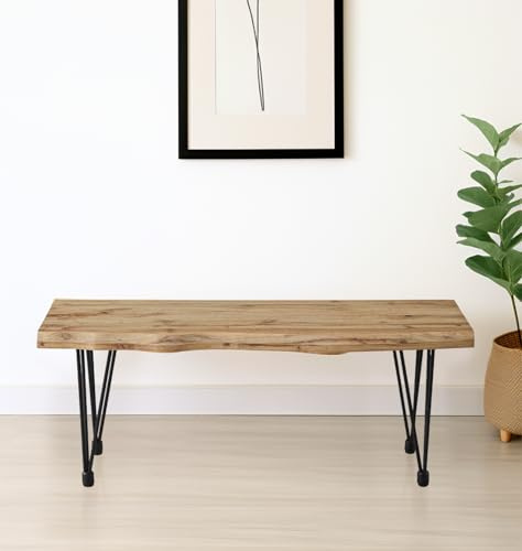 Hallowood Furniture Cullompton Dining Bench with Live Edge Effect Wooden Top with Black Hairpin Steel Legs, Modern Industrial Style Kitchen Bench for Home Dining Room, Living Space or Café (110cm)