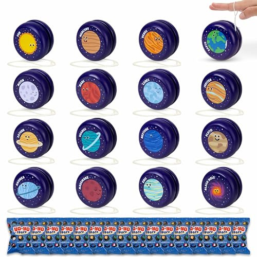 BONNYCO Yoyo Niños Galaxia Pack 16 Regalos Cumpleaños Niños Colegio. Yoyo Madera, Detalles Cumpleaños Infantil Espacio. Pack Yo Yo para Relleno Piñata, Regalos Alumnos Primaria, Regalitos Invitados