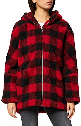 Urban Classics Damen TB3056-Ladies Hooded Oversized Check Sherpa Jacket Jacke, Mehrfarbig (Firered/Blk 01440), M