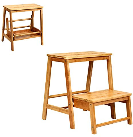 COSTWAY Escalera Plegable, Silla Escalera de Madera de 2 Peldaños, Taburete Escalera, Multifunción Escalera Banqueta Taburete Estantería Escalón para Baño Hogar Decoración, hasta 100kg(Natural)