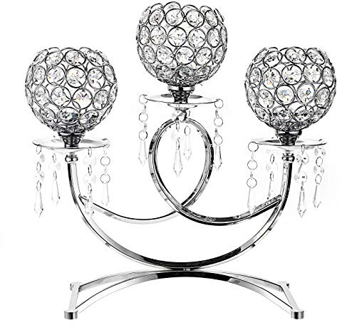 OwnMy 3 Arms Crystal Candle Holders Bowls Tealight Candelabras Candlestick Candle Stand Ornaments for Wedding Dining Table Christmas Party Home Decoration Centerpiece (Silver)