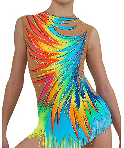 LIUHUO Body da donna per danza ritmica ginnastica ragazze colorato diamante nappe competizione prestazioni, Blu, Kids 12-15