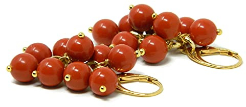 Orecchini Pendenti Donna in Pasta di Corallo Rosso Sardegna – Fatti a Mano in Italia – Grappolo con Monachella in Argento 925 Placcato Oro – Eleganti, Anallergici, Nickel-Free - DodiGioielli