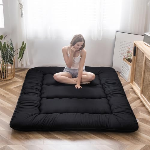 MAXYOYO Japanese Floor Futon Mattress, Thicken Tatami Sleeping Pad Foldable Roll Up Dormitory Mat Pad Floor Lounger Pillow Bed (Double,Black)