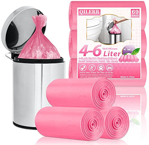 QILERR 4-6L Bin Bags Small Bin Liners 69 Counts Thick Plastic Waste Bags Pedal Trash Bag for Bathroom, Kitchen, Office, Fit 4,5,6L Rubbish Bin, Pink