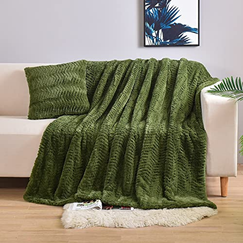 YUSOKI Luxury Faux Fur Throw Blanket(Without Pillows) 2 Layers,3lb,All Ages,Home Decoration, (Olive Green,50 x 63)