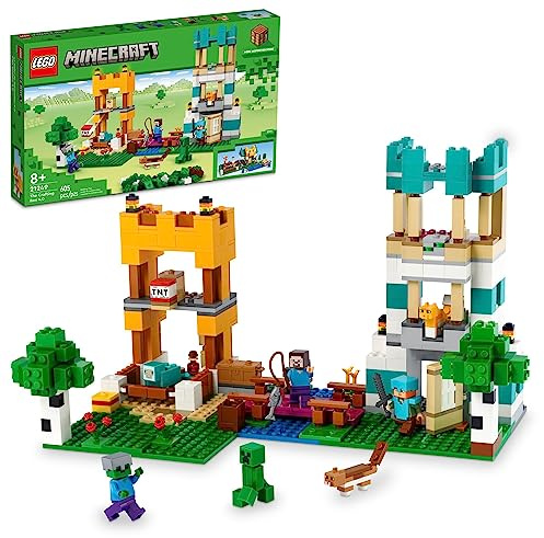 Lego 21249 Minecraft Die Baukasten 4.0, 2-in-1-Set; Bauen Sie Flusstürme oder eine Katzenhütte, mit den Figuren Alex, Steve, Creeper und Zombie Mobs, Spielzeug für Kinder