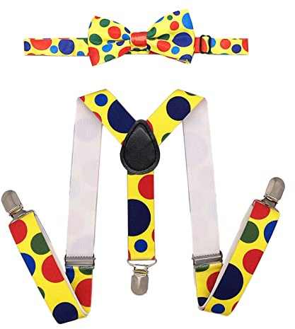SUNTRADE Child Kids Clip-on Dot Suspenders Elastic Y-Shape Adjustable with Clips and Bow Tie Set for Boys and Girls (Yellow-Rainbow)