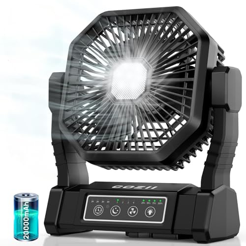 COZII Battery Operated Fan, 20000mAh Rechargeable Portable Fan with LED Lantern - 3 Colors, 4 Speeds, 4 Timing, Adjustable Head with Hook, Camping Fan for Table, BBQ, Beach, Hiking, Travel