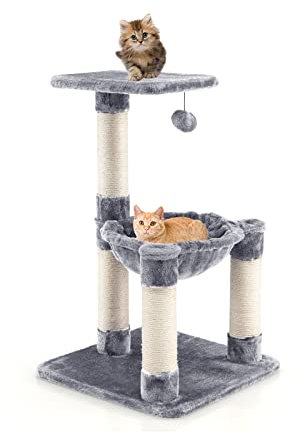 COSTWAY Kratzbaum Klein, Katzenbaum mit gemütlicher Hängematte & großem Plattform & Fellknäuel, Katzenkratzbaum Holz, Katzen Katzenmöbel, Kletterbaum Aktivitätsbaum Spielbaum (Grau)
