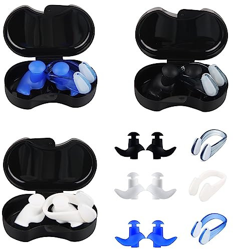 Taozoey Ohrstöpsel Schwimmen mit Nasenklammer, 3 Set wasserdichte Ohrenstöpsel für Erwachsene, Silicone Earplugs Swimming mit Aufbewahrungsbox (Schwarz/Blau/Weiß)