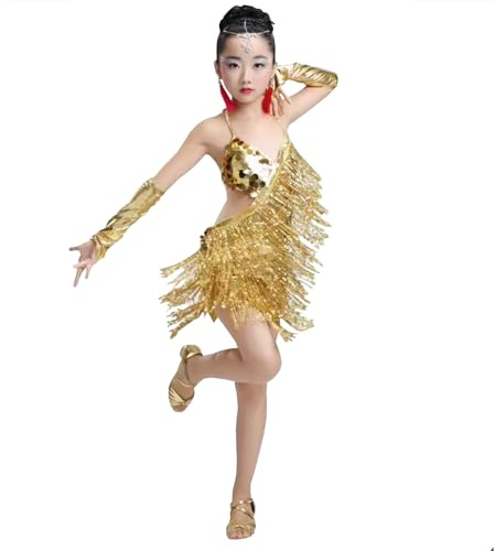Yyyuluo Filles Vêtements de Danse étincelants Enfants Paillettes Robe de Danse à Franges Performance Costume de Bal Enfants Salsa Tango Latin Vêtements de Danse (Tailles Plus Petites)
