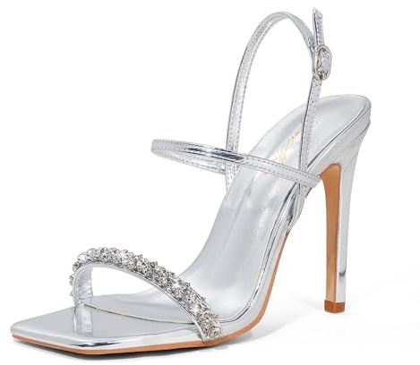 GENSHUO Sandali con Tacco da Donna 11CM con Punta Aperta Quadrata e Cinturino alla Caviglia, Tacco a Spillo Alto, Sandali da Cerimonia per Matrimonio e Festa, Argento e strass, 41 EU