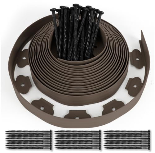 Borde Jardín Césped Borde de Plástico 10 Metros con 50 Clavijas, Delimitadores de Bordes Flexible, Bordura Exterior para Tierra Cenefa Parterres, Altura 5cm, Marrón