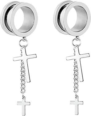 BCughia Flesh Tunnel Acciaio inossidabile, Dilatatore Tunnel 22mm Argento con Catena e Croce Pendente Tunnel per Orecchio, 2 Pezzi