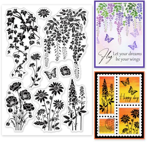 GLOBLELAND Plant Flower Silhouette Clear Stamps Vine Daisy Butterfly Silicone Clear Stamp Seals for DIY Scrapbooking Cards Making Photo Album Journal Home Decoration
