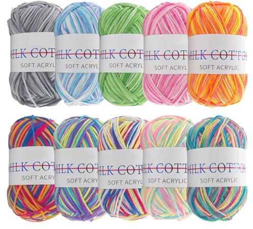 Elepl 10 Stück Handstrickgarn Bunt Wolle zum häkeln 50g/Rolle Baumwollgarn Farbverlauf Acryl zum Häkelgarn Stricken Weich Dickes Garn für Stricken Häkeln DIY Kunsthandwerk (10 Farben)