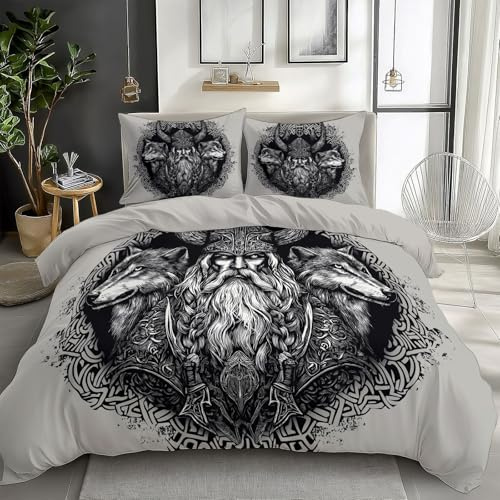 Generiskt grått barn sängkläder set 240 x 220 cm, viking tatuering stil varg påslakanset för pojkar och flickor, mjuka sängkläder i mikrofiber med dragkedja och örngott 80 x 80 cm