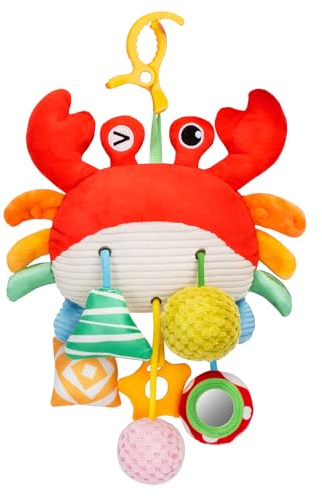 Accevo Jouet à suspendre en forme de crabe pour poussette avec pince, miroir, petite clochette, hochets, froissement, couinement, jouets pour bébé de 3 à 6 mois, idéal pour garçons et filles