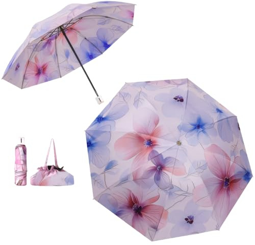 Meichoon Parapluie avec un sac à main UPF50+ Protection UV Portable Léger Imperméable Double Couche Protection Solaire Amélioré Coupe-Vent Rétro Classique Fleur Vintage pour Femmes Voyage