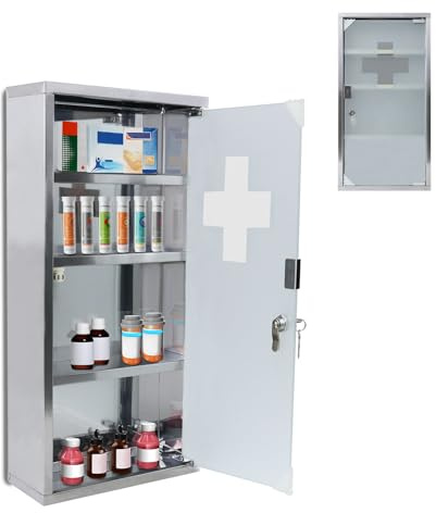 ACXIN 30 x 12 x 57,5 cm medicinskåp av rostfritt stål, medicinskåp med 4 fack, hängande apoteksskåp, låsbart läkeskåp, husapotek, förvaring av läkemedel, silver