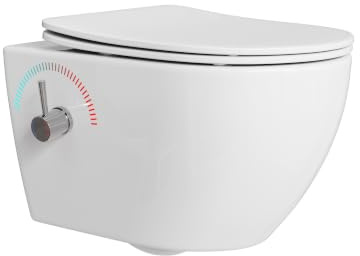 HOROW Doccia WC con ugello integrato, WC sospeso con funzione bidet, WC Taharet con nano-rivestimento, doccia WC con rubinetto, sedile WC con abbassamento automatico, acqua fredda/calda, 53 x 36 x 35