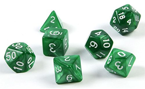 7 polyedrische Würfel für Rollen- und Tabletopspiele in grün mit Beutel