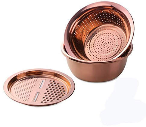 SUNSENGEUR 3PC/Set Colander Set Stainless Steel Vegetable Slicer Fruit Potato Peeler Carrot Grater Strainer Utensil Round Rice Washer Bowl Drain Basket-Rose Gold