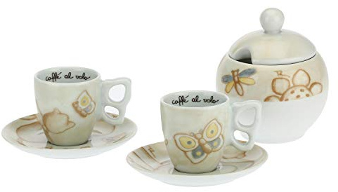 THUN - Set 2 Tazzine caffè e Zuccheriera - Linea Elegance - Porcellana - 110 ml - Ø 6,5 cm - 5,5 cm h - piattino Ø 11,5 cm - zuccheriera 11x11x120 cm h - 110 ml