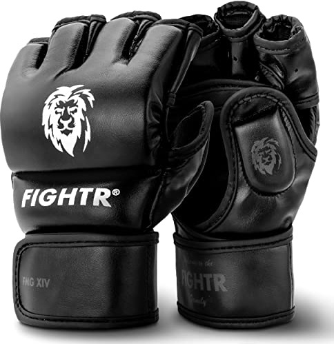 FIGHTR® Pro MMA Gloves for Grappling Sparring Training, Kickboxing Martial Arts Muay Thai Punching Bag Mitt Training Boxing for Men and Women | incl. Carrying Bag (Black, L)
