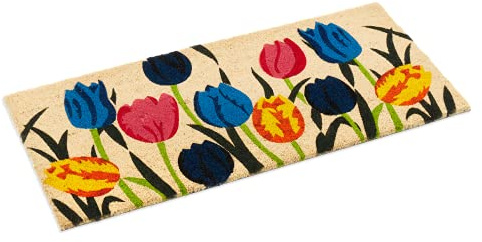 Ecomills Multi Tulip Coco Coir Door Mat, 22 x 47 x 0.5 - Non Slip Backing, Elegant Front Entry Mat, Natural, Indoor Outdoor, Low Profile, Easy to Clean, Durable Heavy Duty