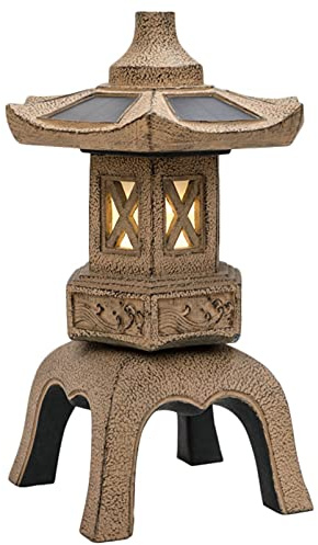 RAN 18.9in Tall Stone Pagoda Outdoor Statue, Waterproof Zen Japanese Lantern Garden Sculpture Solar Powered LED Light Outdoor Decor