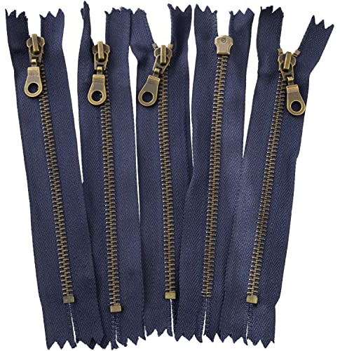 Aerzetix - C61375 - Set di 5 Cerniere Non separabili 16cm in Metallo con tiretto Decorativo - Cerniera Lampo - Blu Scuro - cursore pelletteria Cucito Gonna Abiti Pantaloni merceria