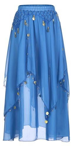 HULIJA Damen Bauchtanz Rock Lang Tanzrock Pailletten Asymmetrisch Rock Tanz Bühnenrock Karneval-Tanz-Outfit Orientalische Kostüme A Hell Blau Einheitsgröße