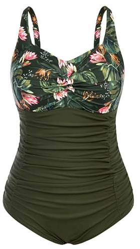 Hanna Nikole Plus Size one-Piece Swimsuit Triangle Summer one-Piece Swimsuit Olive Green Flower 22 Plus