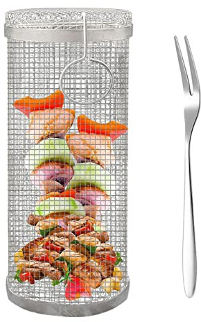 Storaffy Grillkorb Edelstahl | Camping Grillzubehör Grill Korb | Rolling Grillkorb mit Gabel | Barbecue Grill Rack Grillkörbe für Lagerfeuer Grill Gemüse, Fisch, Fleisch Camping Essentials