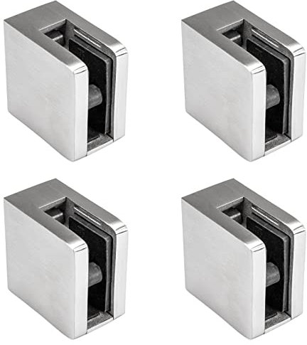 PRIOstahl Lot de 4 supports de serrage pour verre avec plaque de sécurité + goupille de sécurité 45 x 45 x 26 mm Raccord : plat pour verre 6 mm en acier inoxydable V2A