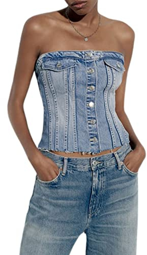 FeMereina Denim Tube Corset Top for Women Strapless Denim Crop Top Push Up Bustier Sleeveless Tank Top Backless Off Shoulder Jean Corset Top (Blue#1, L)