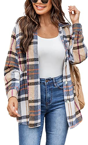 Timuspo - Chaqueta camisa a cuadros de franela para mujer - Mangas largas - Algodón - Cuello - Blusa abotonada - Shacket, negro / blanco, L