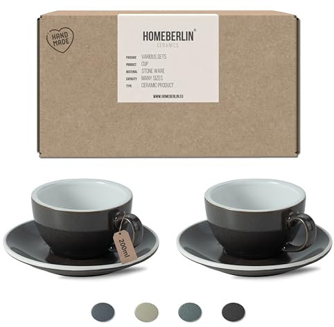 HOMEBERLIN® Barista Pro Cappuccino Tassen Set - 200ml Kaffeetassen Set - Premium Kaffee Tassen Set aus hochwertigem Steingut - Zwei Moderne Kaffeetassen mit passenden Untertassen - 100% Handfertigung