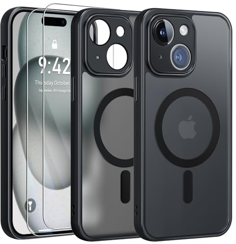 FLLAO Cover Magnetica per iPhone 15 Custodia e 2 Pellicole in Vetro Temperato, Cover iPhone 15 Compatibile con Magsafe, Custodia Traslucida Opaca Posteriore Sottile Antiurto Protettiva Case, Nero