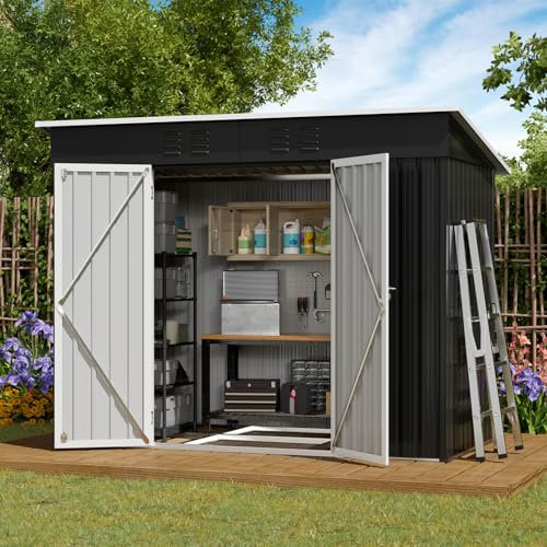 Amopatio Abri de Jardin avec Toit en Pente - 228 x 109 x 182 cm (l x p x h) - Abri de Jardin en métal galvanisé avec Cadre de Fondation - Noir