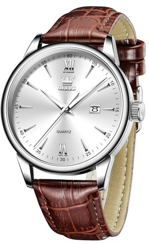OLEVS Braun Uhr Herren Lederarmband Classic Herrenuhren Weiss Großes Zifferblatt Analog Kleid Armbanduhr Herren mit Datum Quarz Wasserdicht Uhren für Männer Leuchtend Geschenke