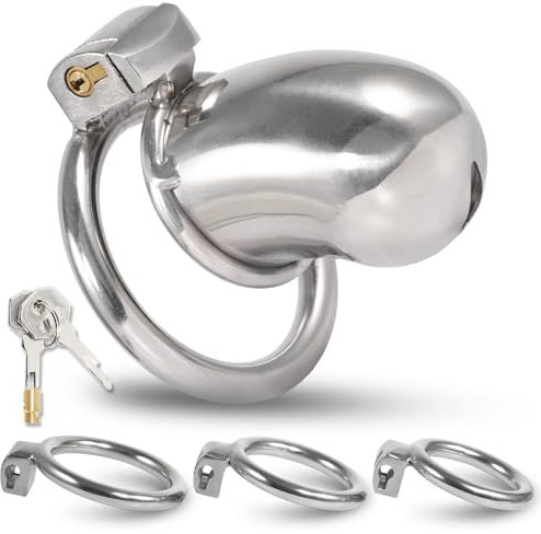 eegroh Hohle Chastity Cage Männer Sex Spielzeug, Edelstahl Peniskäfig/Keuschheitskäfig Herren Set mit 3 Cockrings und Unsichtbarem Schloss SM Bondage Fetisch-Zubehör (L)